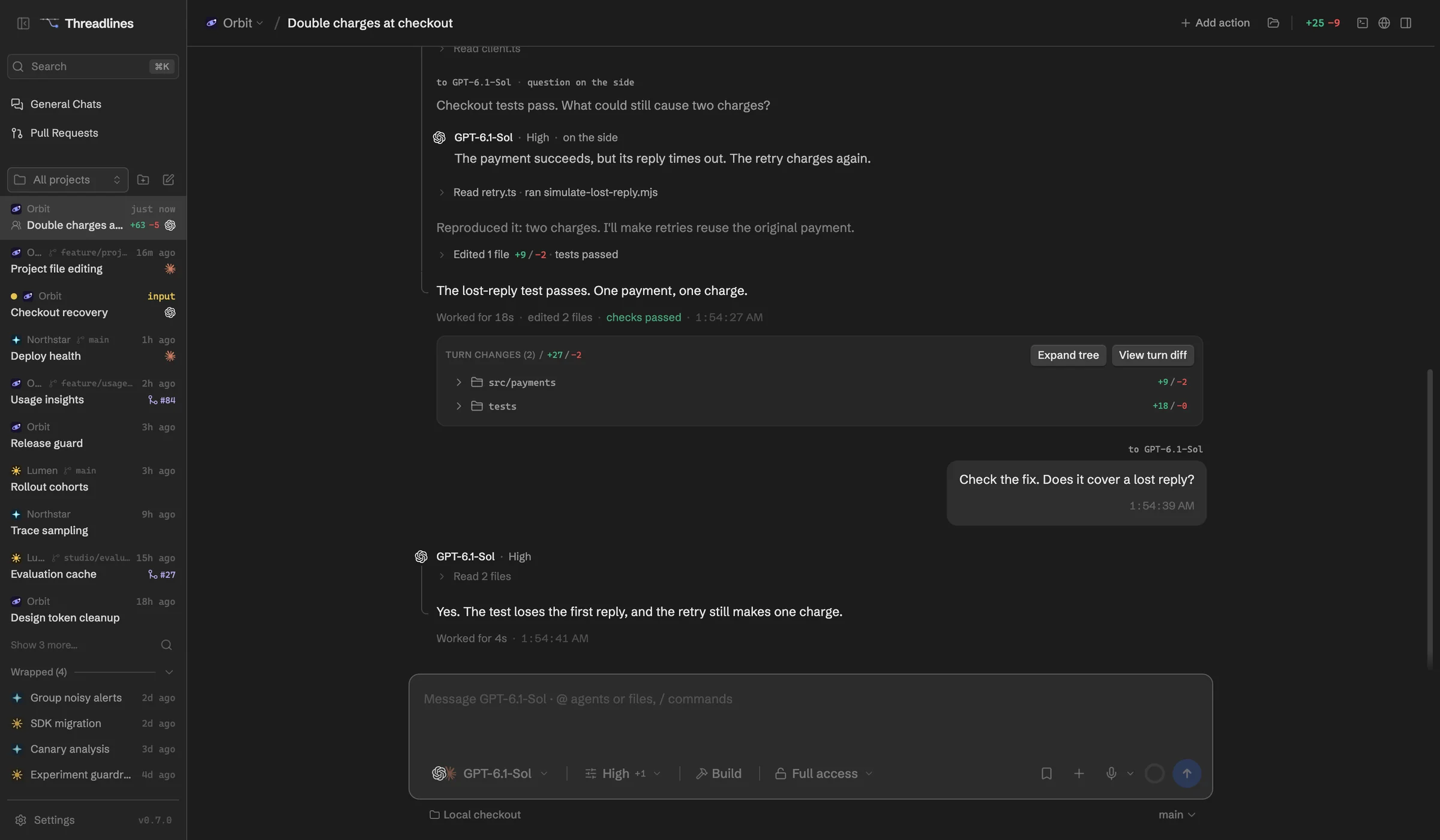 A Threadlines thread where the user asks GPT-6.1-Sol to check a fix and Sol answers