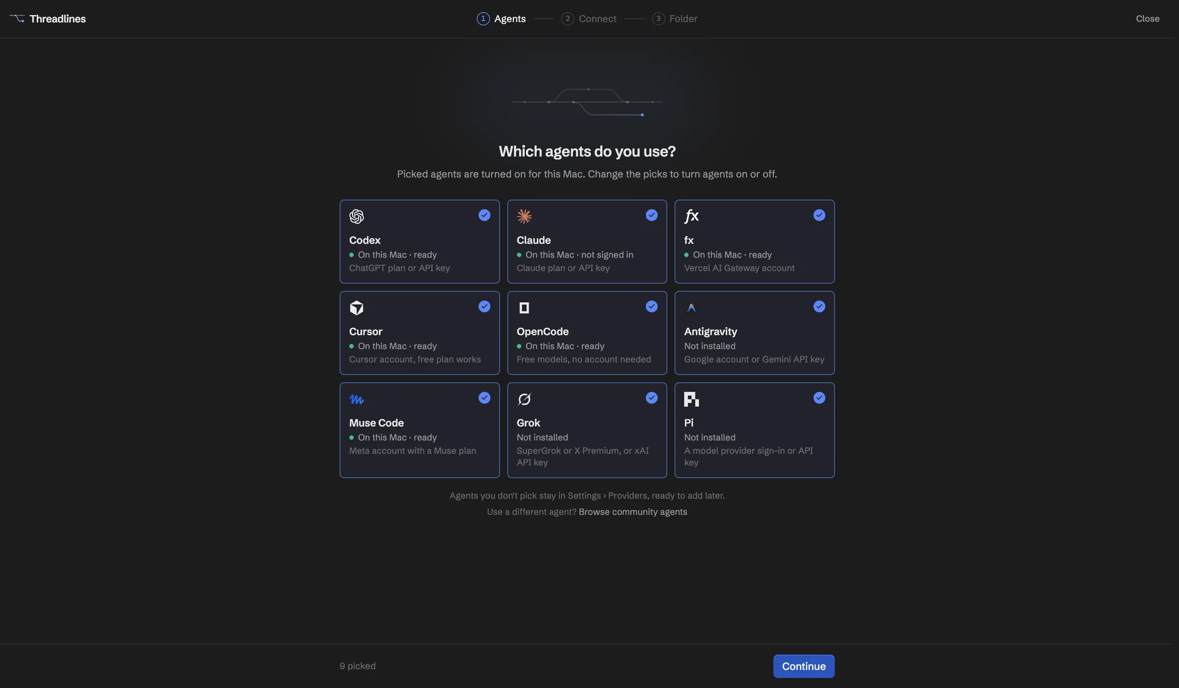 Threadlines setup asking which agents you use, with Antigravity among nine agents