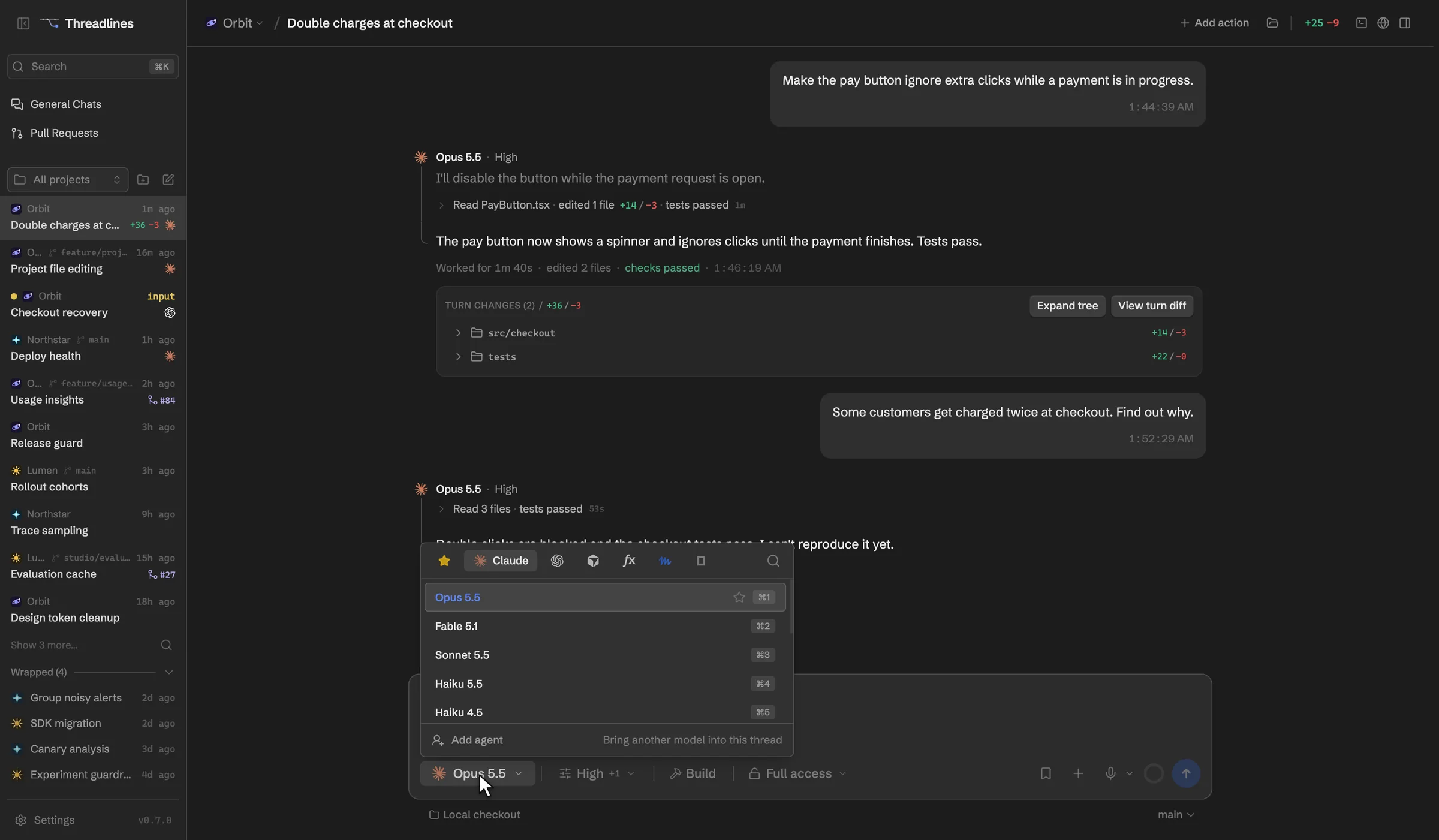 The model picker on a Claude thread, showing Claude's models and a tab for each agent