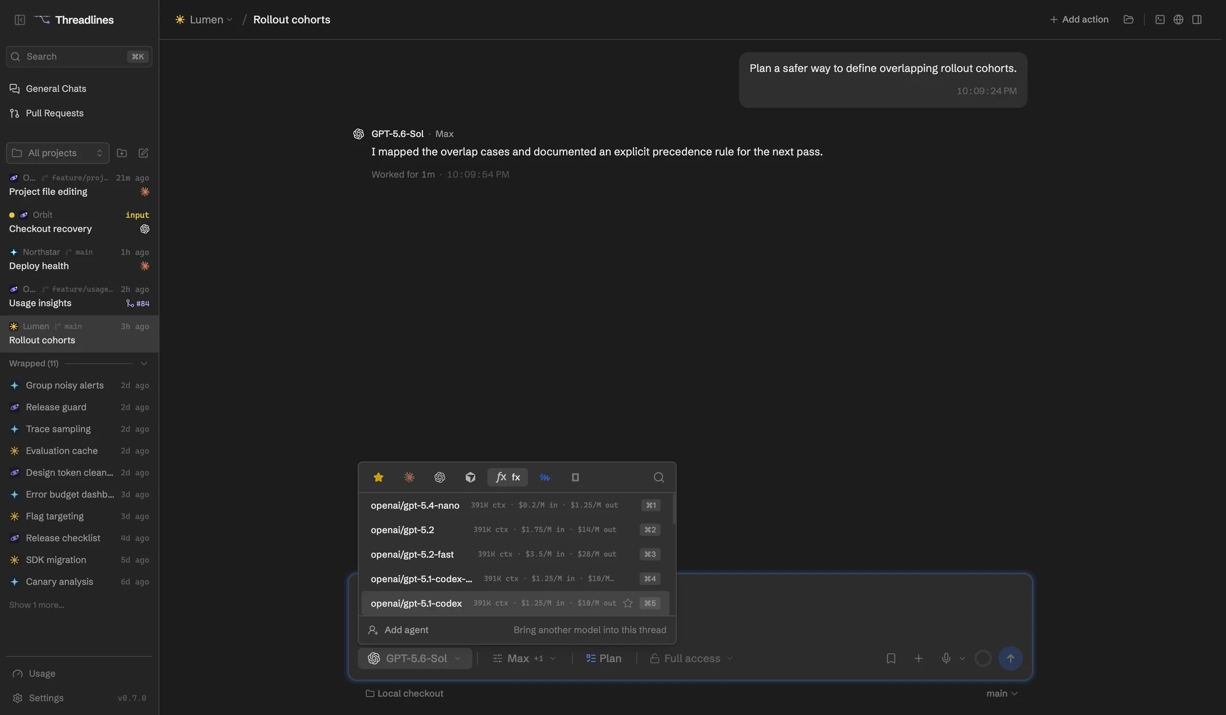 The model picker showing fx's AI Gateway models with their prices