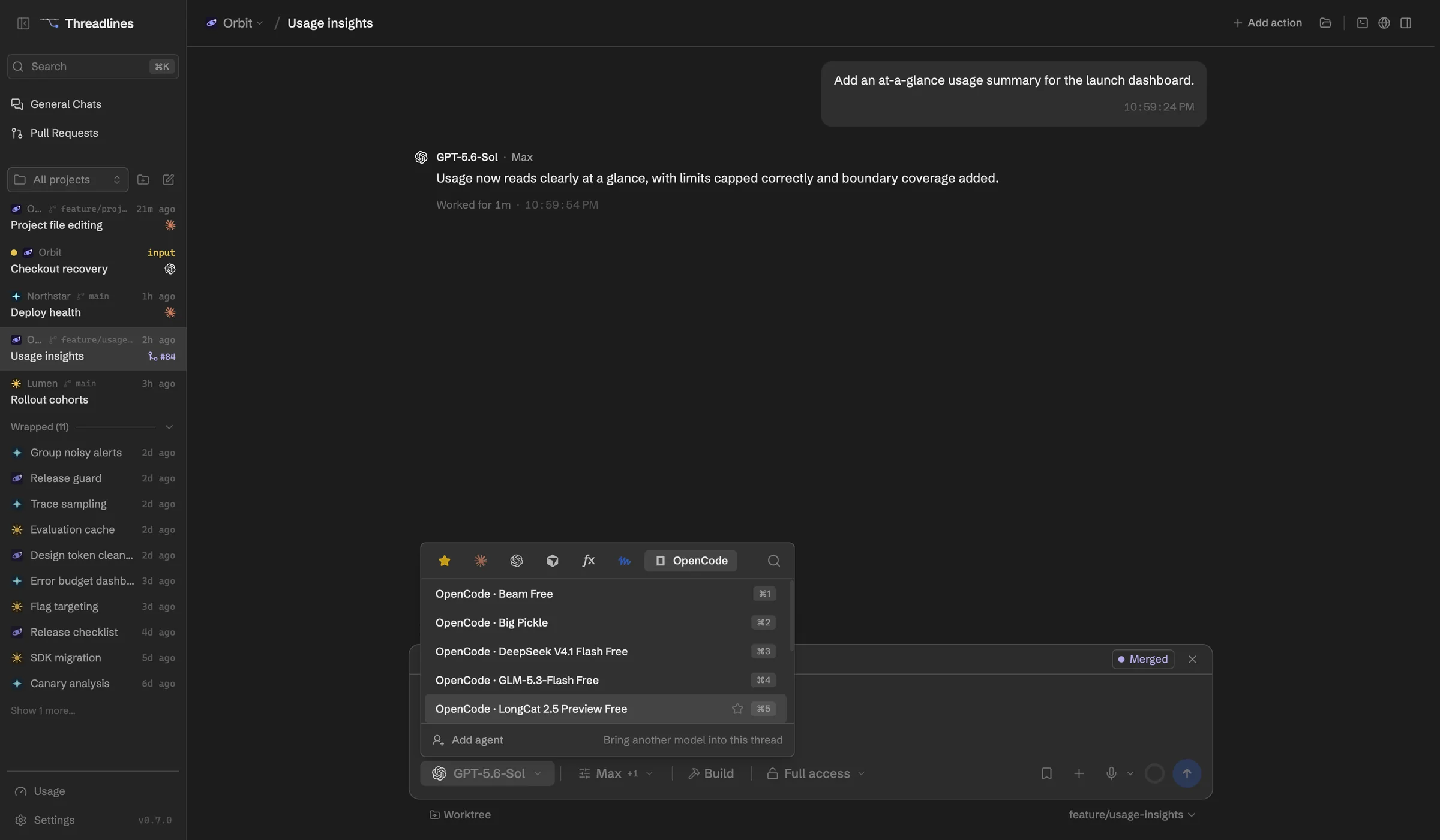 The model picker showing OpenCode's models in a Threadlines thread