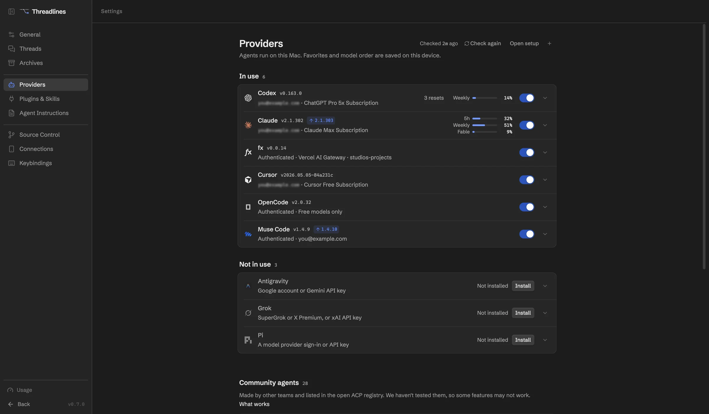 Settings › Providers listing each agent, with an Install button for Grok