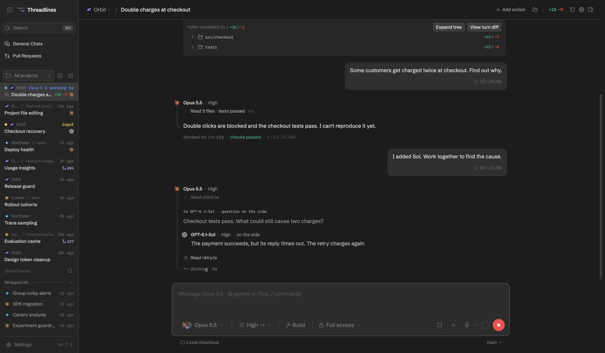Threadlines with a full sidebar of projects and threads, and two agents working on the same bug in one thread
