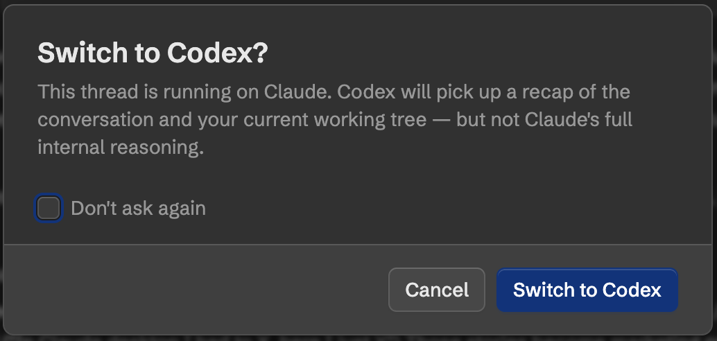 Switch to Codex dialog explaining that Codex picks up a recap of the conversation and the current working tree
